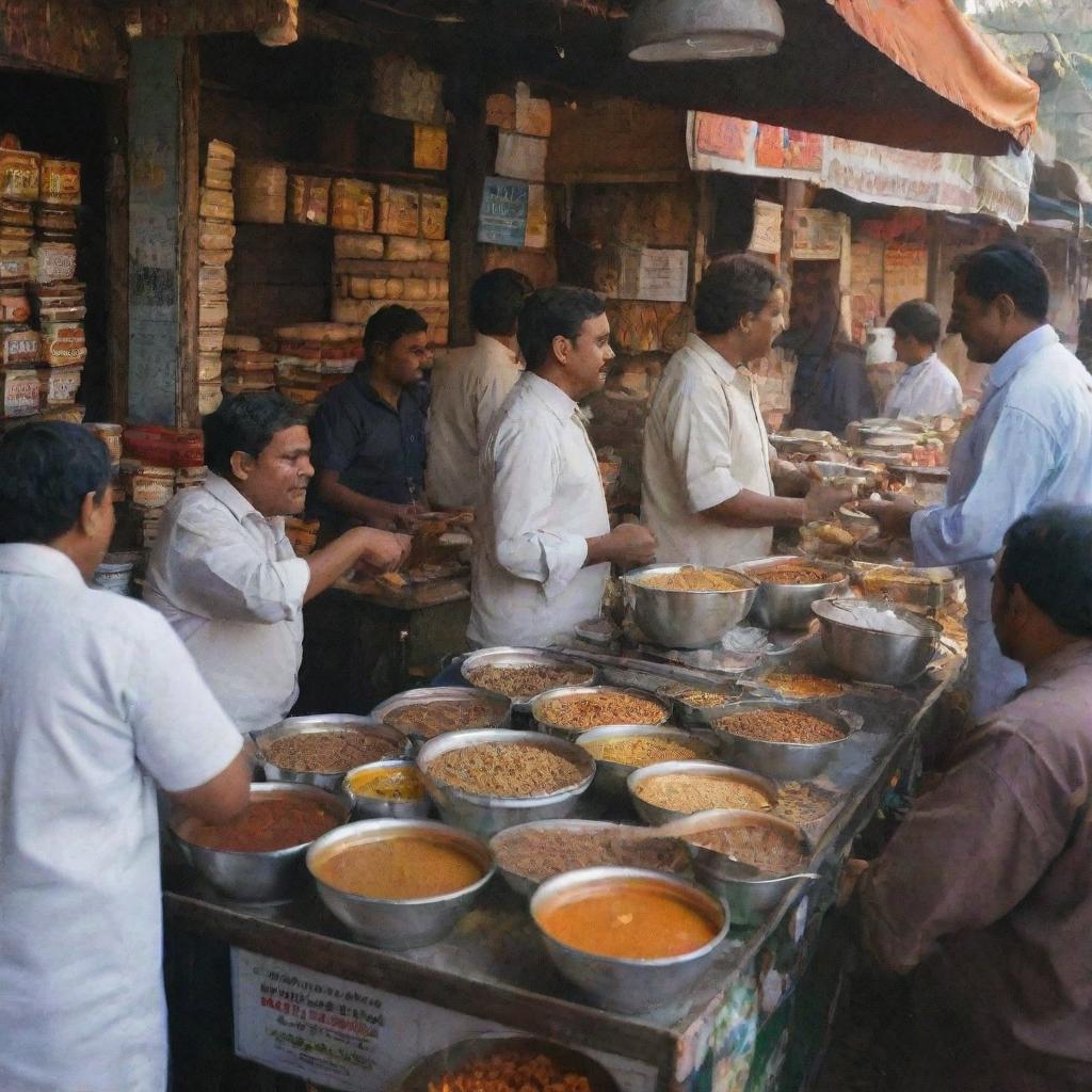 A bustling Indian chai stall, the largest in the country, filled with the glow of warm colors, aroma of spices, and the energetic chatter of patrons.