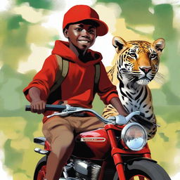 A high-quality digital painting featuring a 12-year-old African child, wearing a red cap, riding a jaguar