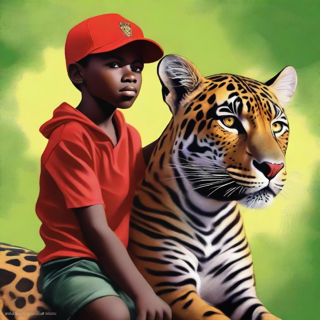 A high-quality digital painting featuring a 12-year-old African child, wearing a red cap, riding a jaguar