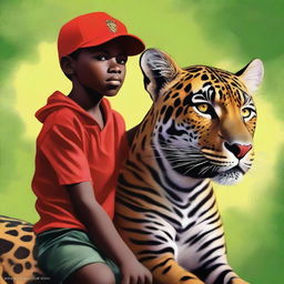 A high-quality digital painting featuring a 12-year-old African child, wearing a red cap, riding a jaguar