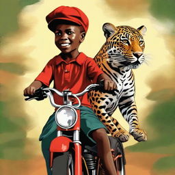 A high-quality digital painting featuring a 12-year-old African child, wearing a red cap, riding a jaguar