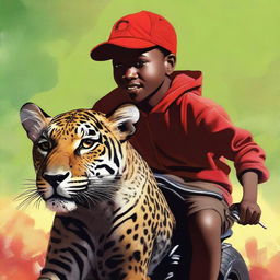 A high-quality digital painting featuring a 12-year-old African child, wearing a red cap, riding a jaguar