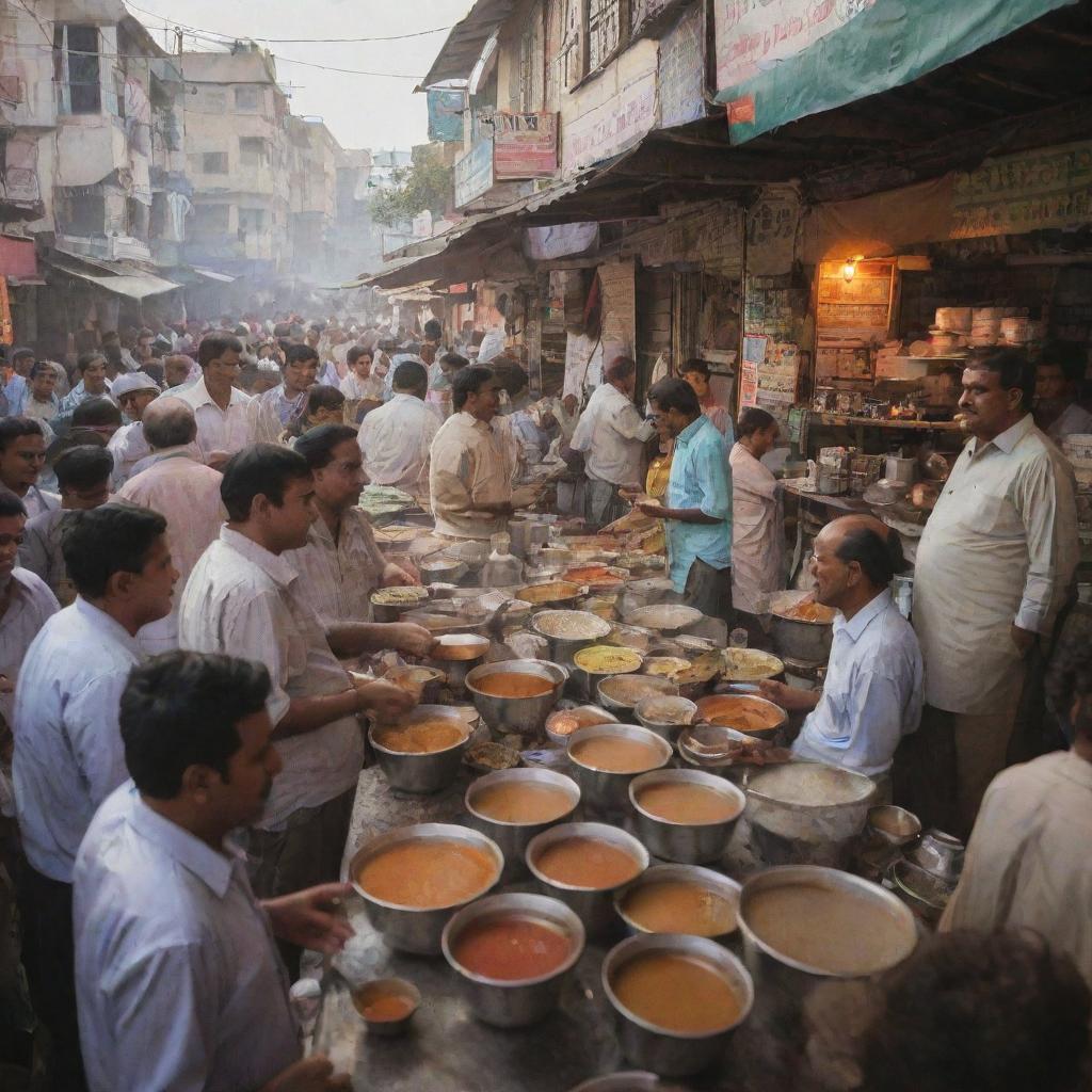 A bustling Indian chai stall, the largest in the country, filled with the glow of warm colors, aroma of spices, and the energetic chatter of patrons.