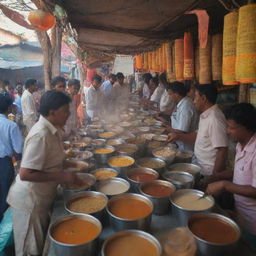 A bustling Indian chai stall, the largest in the country, filled with the glow of warm colors, aroma of spices, and the energetic chatter of patrons.