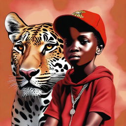 A digital art image of high quality, portraying a 12-year-old African child with a red cap, confidently seated atop a jaguar