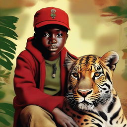 A digital art image of high quality, portraying a 12-year-old African child with a red cap, confidently seated atop a jaguar