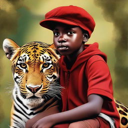 A digital art image of high quality, portraying a 12-year-old African child with a red cap, confidently seated atop a jaguar