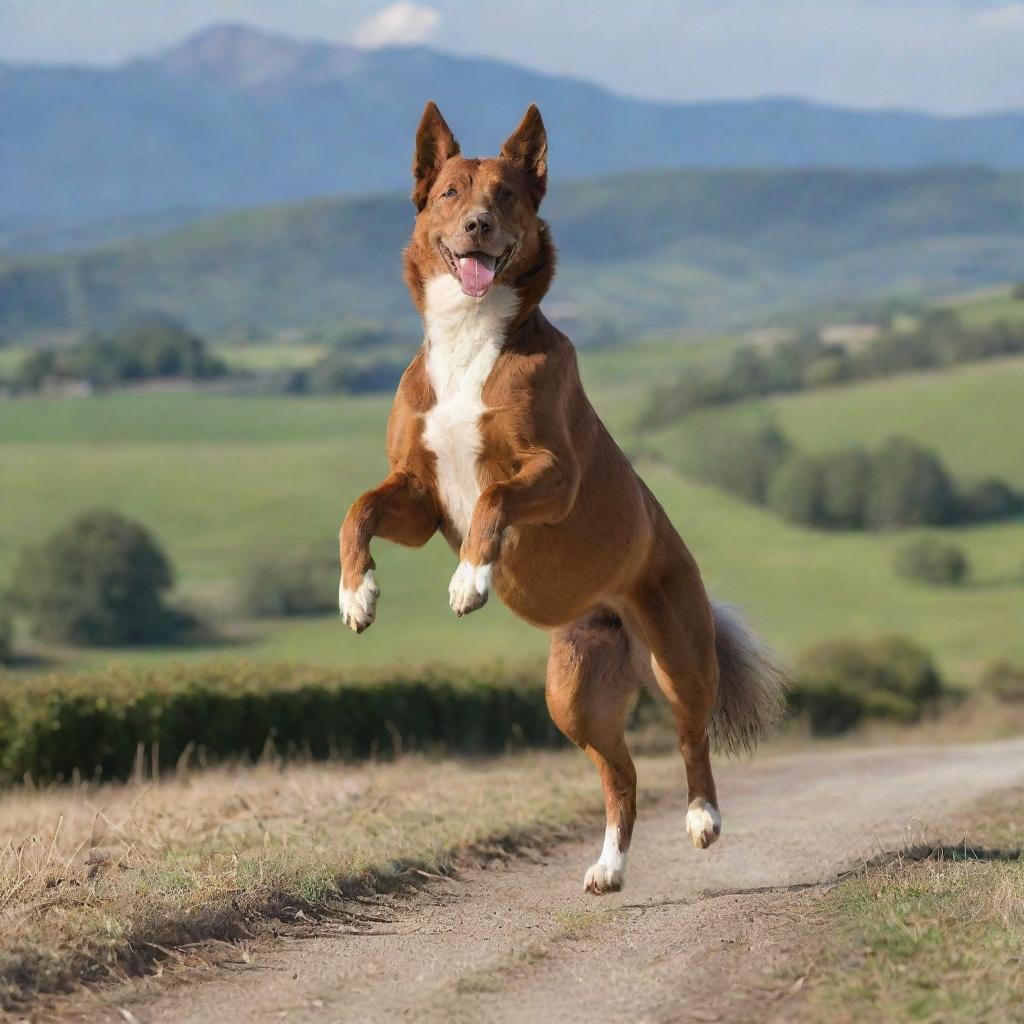 A joyful dog sitting upright and confidently riding a prancing horse against a scenic rural backdrop.