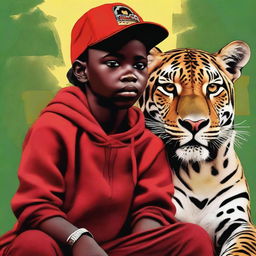 A digital art image of high quality, portraying a 12-year-old African child with a red cap, confidently seated atop a jaguar