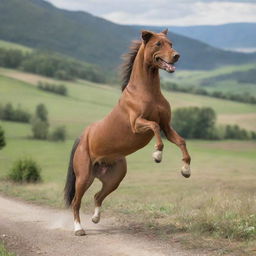 A joyful dog sitting upright and confidently riding a prancing horse against a scenic rural backdrop.