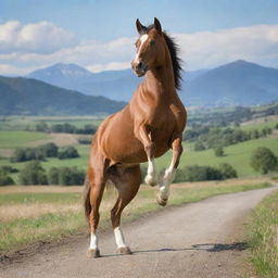 A joyful dog sitting upright and confidently riding a prancing horse against a scenic rural backdrop.