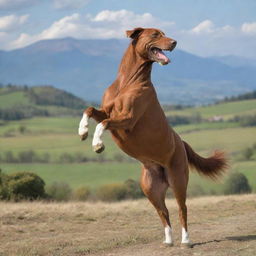 A joyful dog sitting upright and confidently riding a prancing horse against a scenic rural backdrop.