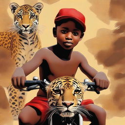 This is a high-quality digital painting featuring a 12-year-old African child, shirtless and wearing a brown short, with a red cap on his head, riding a beautifully detailed jaguar