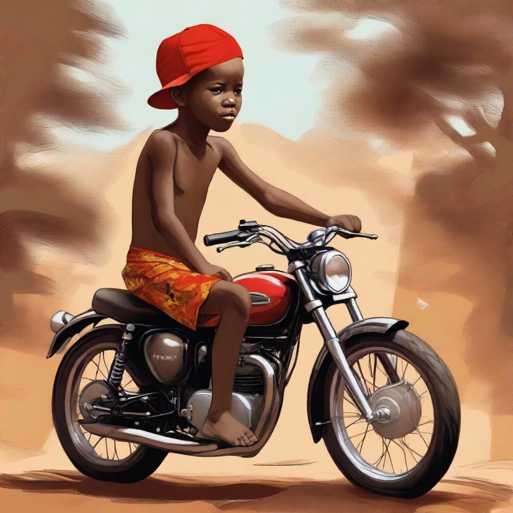 This is a high-quality digital painting featuring a 12-year-old African child, shirtless and wearing a brown short, with a red cap on his head, riding a beautifully detailed jaguar