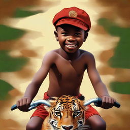 This is a high-quality digital painting featuring a 12-year-old African child, shirtless and wearing a brown short, with a red cap on his head, riding a beautifully detailed jaguar