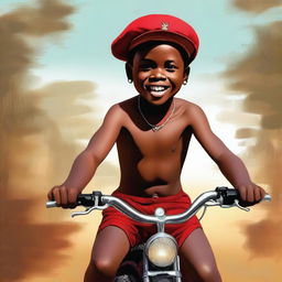 This is a high-quality digital painting featuring a 12-year-old African child, shirtless and wearing a brown short, with a red cap on his head, riding a beautifully detailed jaguar