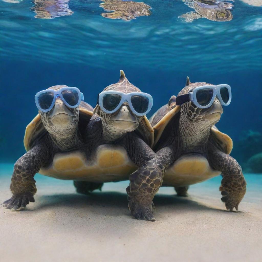 Funny tortoises wearing miniature scuba gear, adventurously exploring underwater marine life.