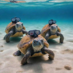 Funny tortoises wearing miniature scuba gear, adventurously exploring underwater marine life.