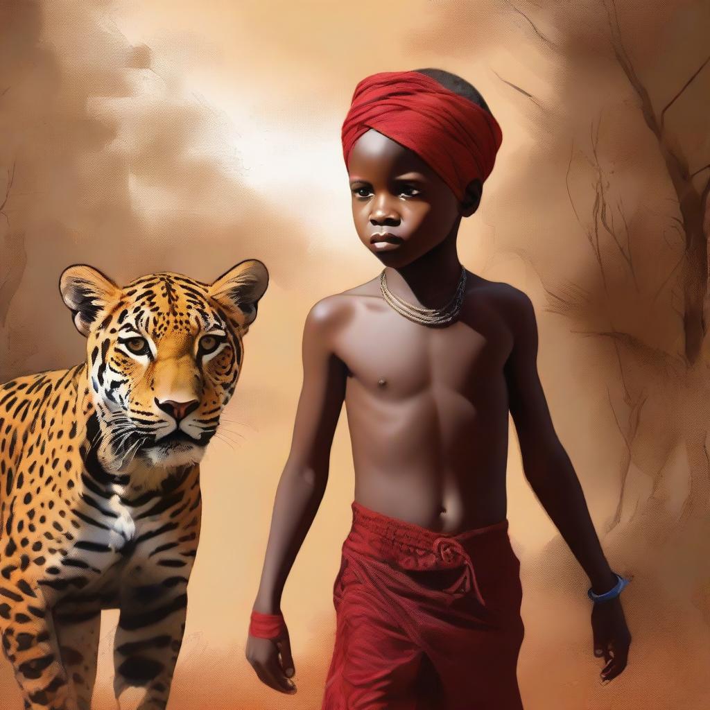 This is a high-quality digital painting depicting a 12-year-old African child, shirtless and wearing a brown short