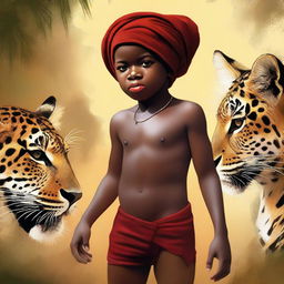 This is a high-quality digital painting depicting a 12-year-old African child, shirtless and wearing a brown short