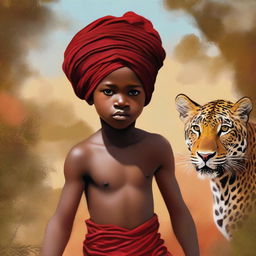 This is a high-quality digital painting depicting a 12-year-old African child, shirtless and wearing a brown short