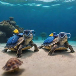 Funny tortoises wearing miniature scuba gear, adventurously exploring underwater marine life.