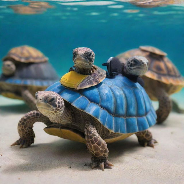 Funny tortoises wearing miniature scuba gear, adventurously exploring underwater marine life.