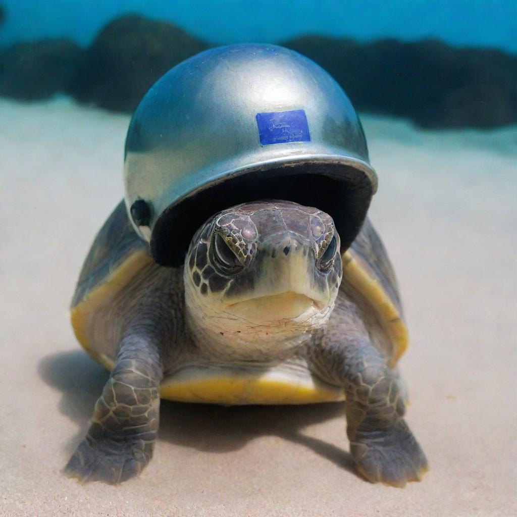 A cute turtle proudly sporting a Kirby Morgan helmet as if ready for a deep-sea expedition.