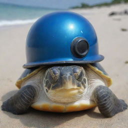 A cute turtle proudly sporting a Kirby Morgan helmet as if ready for a deep-sea expedition.