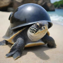 A cute turtle proudly sporting a Kirby Morgan helmet as if ready for a deep-sea expedition.