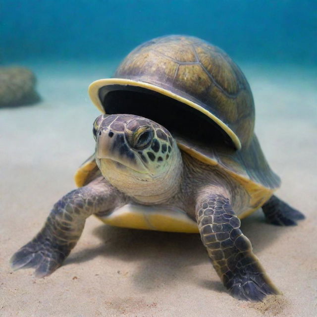 A cute turtle proudly sporting a Kirby Morgan helmet as if ready for a deep-sea expedition.