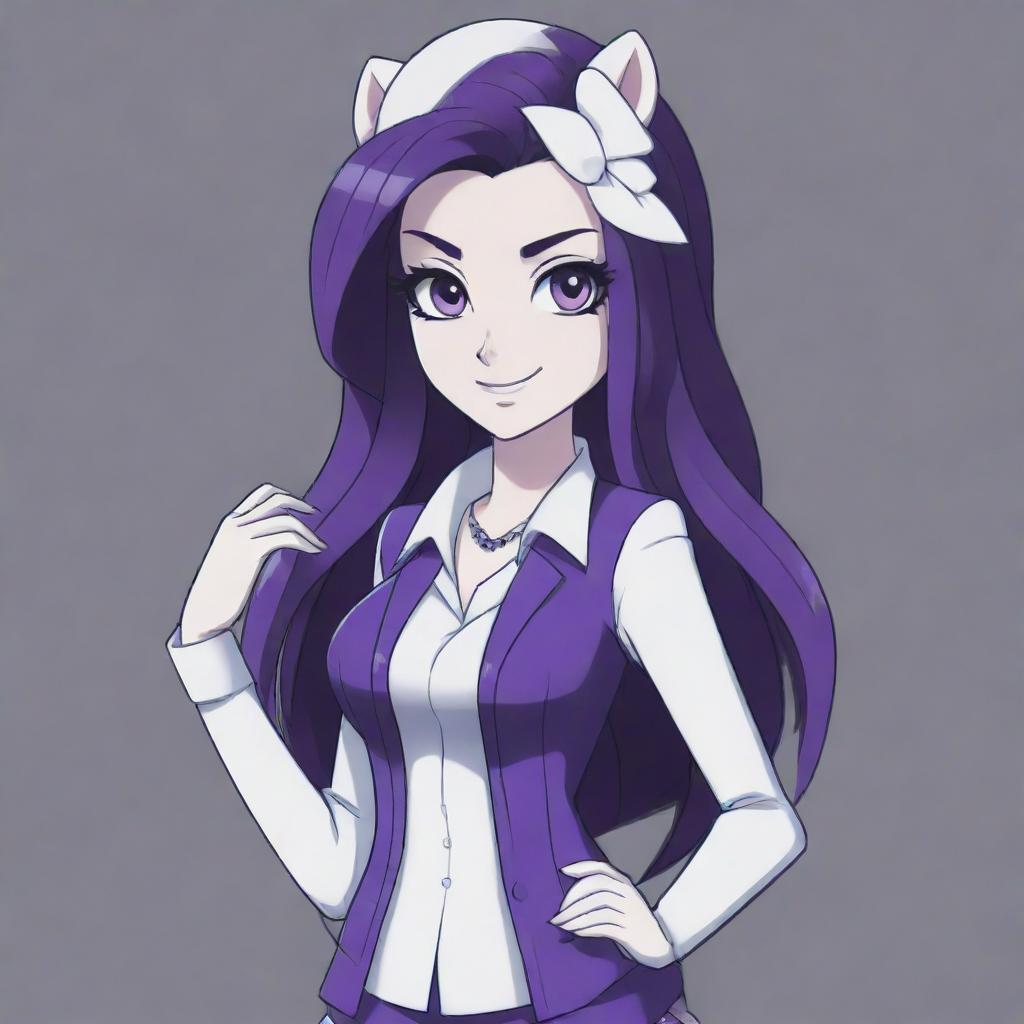 Rarity from My Little Pony redesigned as a character in the Danganronpa universe, maintaining her unique style and personality traits.