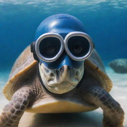 A determined turtle sporting a miniature scuba diving helmet, prepared to explore the deep blue sea.