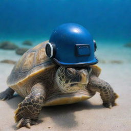 A determined turtle sporting a miniature scuba diving helmet, prepared to explore the deep blue sea.