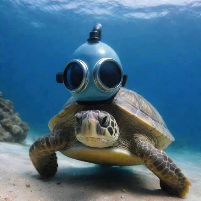 A determined turtle sporting a miniature scuba diving helmet, prepared to explore the deep blue sea.