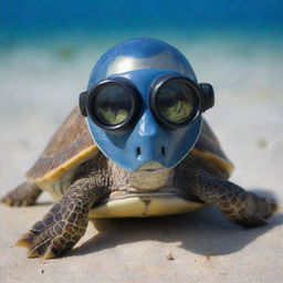 A determined turtle sporting a miniature scuba diving helmet, prepared to explore the deep blue sea.