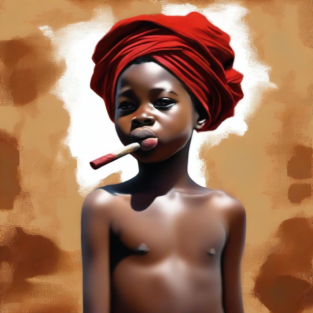 This is a high-quality digital painting featuring a 12-year-old African child with one leg, shirtless, wearing a brown short, and a red sock on their head