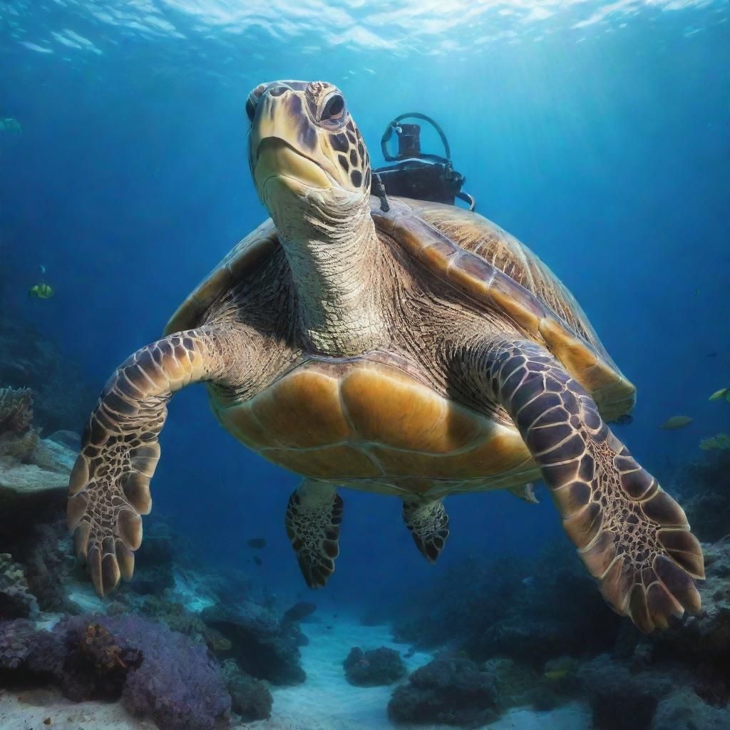 Illustrate a turtle equipped with scuba diving gears in a vibrant underwater scene.