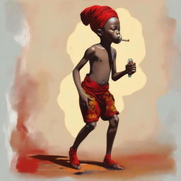 This is a high-quality digital painting featuring a 12-year-old African child with one leg, shirtless, wearing a brown short, and a red sock on their head