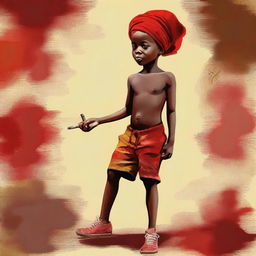 This is a high-quality digital painting featuring a 12-year-old African child with one leg, shirtless, wearing a brown short, and a red sock on their head