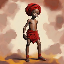 This is a high-quality digital painting featuring a 12-year-old African child with one leg, shirtless, wearing a brown short, and a red sock on their head