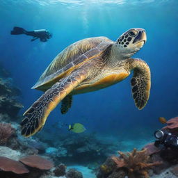 Illustrate a turtle equipped with scuba diving gears in a vibrant underwater scene.