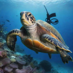 Illustrate a turtle equipped with scuba diving gears in a vibrant underwater scene.