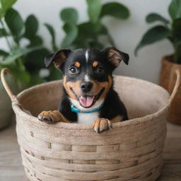 A cute and happy dog sitting inside a cozy woven basket