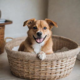 A cute and happy dog sitting inside a cozy woven basket