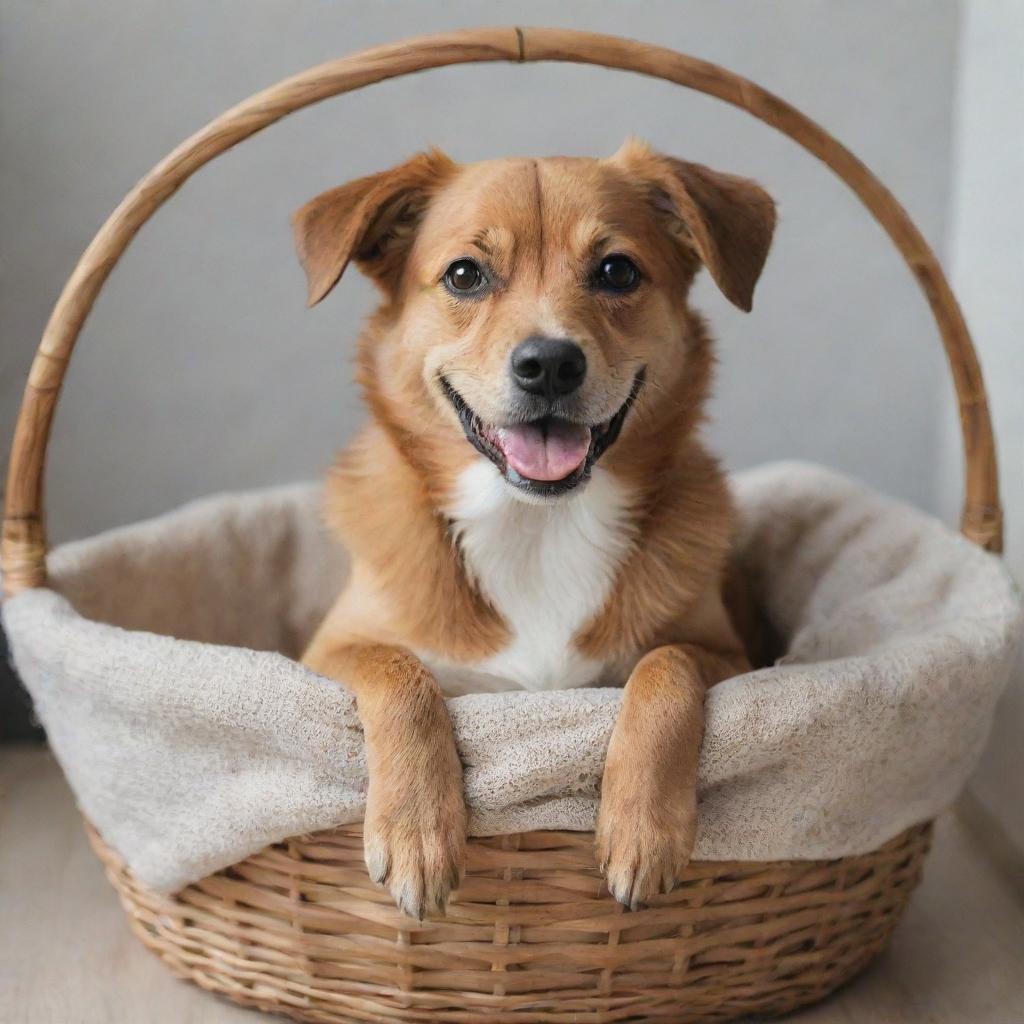 A cute and happy dog sitting inside a cozy woven basket