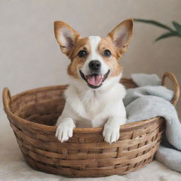 A cute and happy dog sitting inside a cozy woven basket