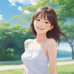 A cheerful anime girl basking in the bright and hot summer day