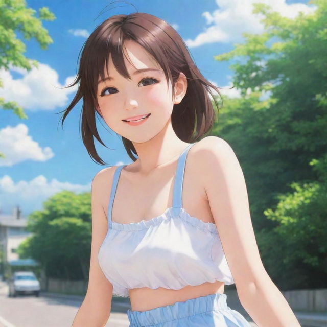 A cheerful anime girl basking in the bright and hot summer day