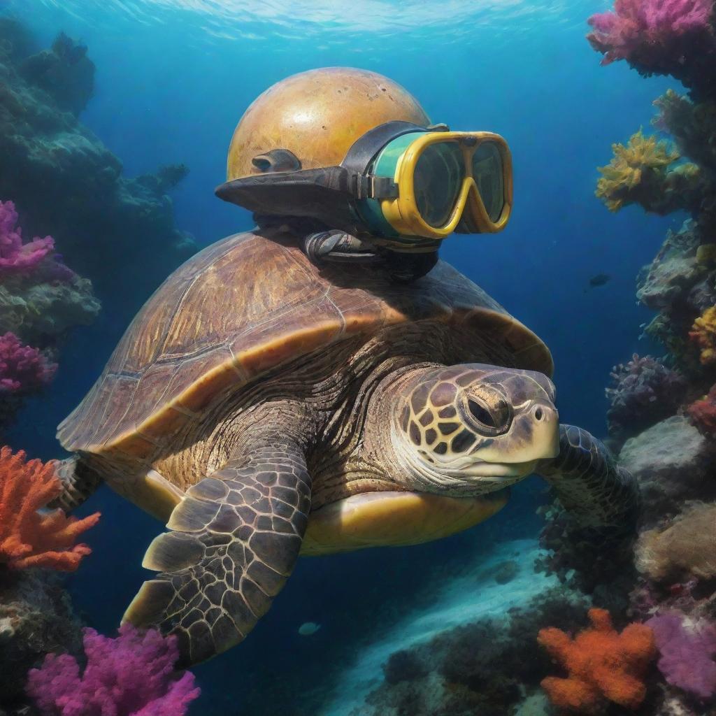 Depict a turtle wearing a vintage scuba diving helmet, submerged in a colorful marine environment.